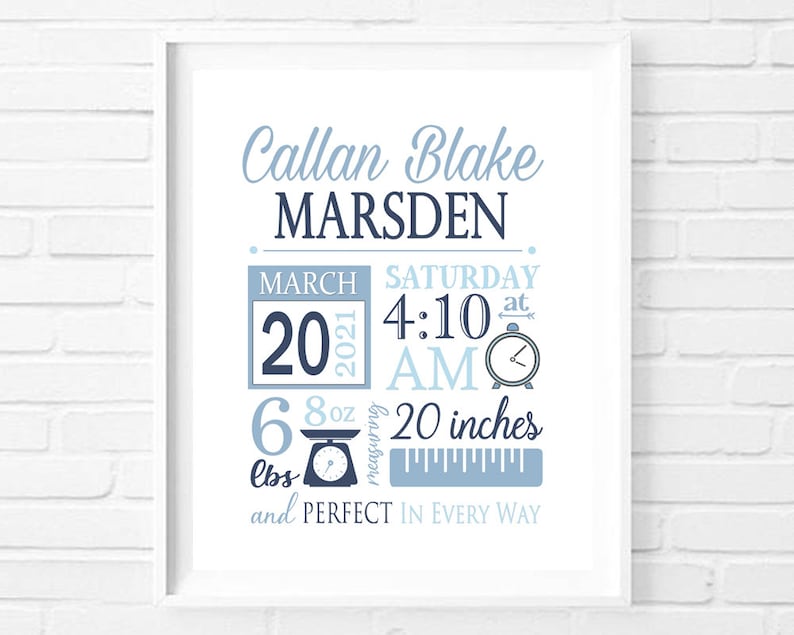 Printable Baby Boy Birth Stats Wall Art Personalized Nursery Etsy