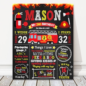 Signo de pizarra de cumpleaños de camión de bomberos, tablero de cumpleaños de hito de niño, cartel de fiesta rojo + amarillo, 1º 2º 3º 4º cualquier edad, ARCHIVO DIGITAL
