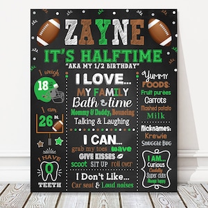 It&#39;s Halftime Football Half Birthday Milestone Chalkboard Sign, Halfway to One, Boy Green + Brown Party Poster, 6 Months Old, DIGITAL FILE