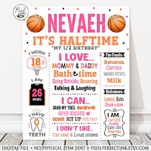 May include: A personalized birthday poster with the name "Nevaeh" in pink and orange. The poster includes basketball graphics, the text "It's Halftime," and details about the child's weight (18 lbs) and height (26 inches).