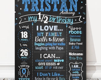 May include: A blue and white chalkboard style sign with the text "Tristan Anthony - my 1/2 birthday" and details about the child's age, weight, height, and other milestones. The sign is decorated with blue and white polka dots.