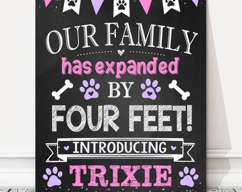 New Puppy Dog Announcement Chalkboard Sign, Our Family Has Expanded By Four Feet, Paws, Pink Reveal Photo Prop, DIGITAL FILE