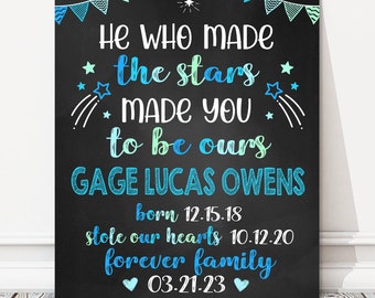 Adoption Personalized Announcement Chalkboard Sign, He Who Made The Stars, Photo Prop, Blue + Green Boy Adoption Day, DIGITAL FILE