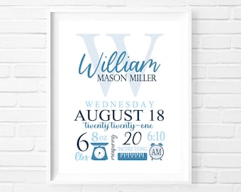 Printable Baby Boy Birth Stats Wall Art, Personalized Nursery Decor Print, Initial Blue Navy, New Baby Gift, DIGITAL FILE