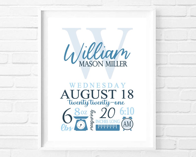 Printable Baby Boy Birth Stats Wall Art Personalized Nursery Etsy