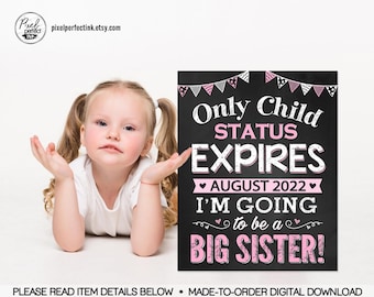 Letrero personalizado para anunciar el embarazo de la hermana mayor, rosa, hijo único que fallece, bebé número 2, archivo digital