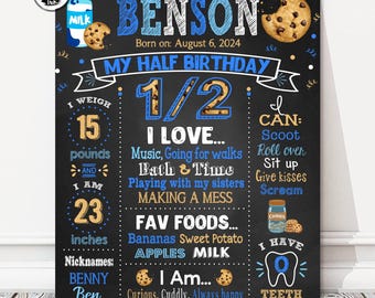 May include: A blue and gold chalkboard style half birthday sign for a baby boy named Benson. The sign says "My Half Birthday" and includes details like his weight (15 pounds), height (23 inches), favorite foods, and things he can do.