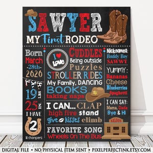 Cowboy Milestone Birthday Chalkboard, 1st 2nd 3rd Birthday Board, My First Rodeo, Boy Party Poster, Any Age, DIGITAL FILE