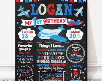 Airplane First Birthday Board, Aviation Milestone Birthday Chalkboard Sign, Blue + Red, Plane, Pilot Party Poster, Any Age, DIGITAL FILE