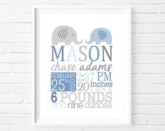 Elephant New Baby Birth Stats Wall Art, Anuncio de nacimiento, Blue Grey Boy Personalized Nursery Decor Print, ARCHIVO DIGITAL