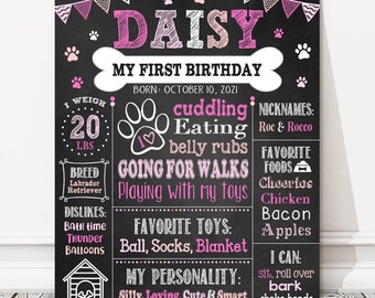 May include: A black chalkboard-style sign with pink and white text, celebrating a dog's first birthday. The sign includes the dog's name, weight (20 lbs), breed, favorite things, and personality traits. Decorative paw prints and pennants are also included.