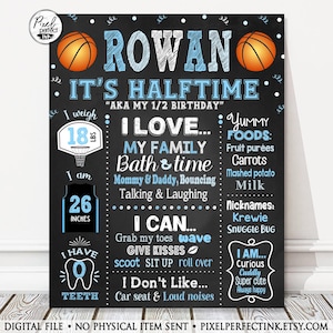 Basketball Half Birthday Milestone Chalkboard Sign, Halfway to One, It&#39;s Halftime, Boy Blue Party Poster, 6 Months Old, DIGITAL FILE