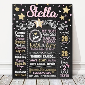 Twinkle Little Star primer tablero de cumpleaños, oro rosa brillo estrellas corazones hito pizarra signo, cartel de fiesta de niña, archivo DIGITAL