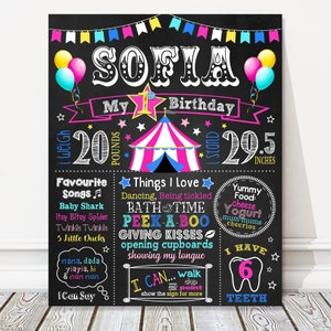 Cartel de pizarra para primer cumpleaños de carnaval, tablero de hitos de cumpleaños de circo, globos, carpa de circo, póster de fiesta de niña, cualquier edad, ARCHIVO DIGITAL