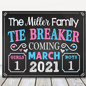 Printable Tie Breaker Pregnancy Announcement Chalkboard Sign, Pink + Blue 3rd Baby Number 3, Baby Reveal Photo Prop, DIGITAL FILE