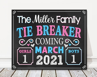 Printable Tie Breaker Pregnancy Announcement Chalkboard Sign, Pink + Blue 3rd Baby Number 3, Baby Reveal Photo Prop, DIGITAL FILE