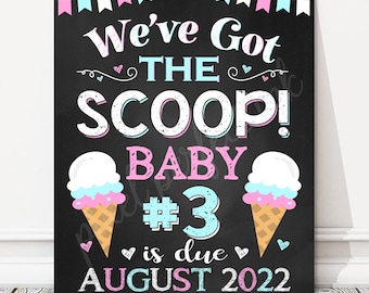Printable Summer Got the Scoop 3rd Pregnancy Announcement Chalkboard Sign, Big Sister Brother, Baby Number 3 Reveal Photo Prop, DIGITAL FILE