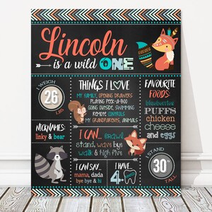 Woodland 1st 2nd Birthday Board, Forest Animal Milestone Compleanno Segno della lavagna, Wild One Boy Party Poster, FILE DIGITALE