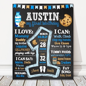 Cookies and Milk 1st Birthday Board, Boy Milestone Birthday Chalkboard Sign, Blue Big Number One, Cookie Party Poster, DIGITAL FILE