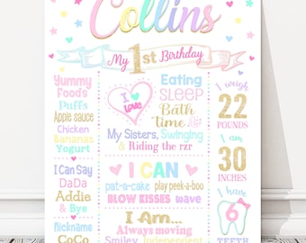 Pastel Rainbow First Birthday Board, Girl Milestone 1st Birthday Chalkboard Sign, Gold Party Poster, DIGITAL FILE