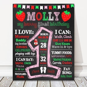 Strawberry 1st Birthday Board, Berry Sweet First Milestone Birthday Chalkboard Sign, Pink Red Green, Girl Party Poster, DIGITAL FILE