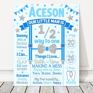 Little Man Half Birthday Board, Stars Milestone Birthday Chalkboard Sign, Blue + Silver Party Poster, 6 Months Old, DIGITAL FILE