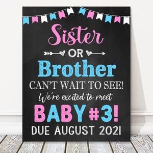 Printable 3rd Pregnancy Announcement Chalkboard Sign, Sister or Brother Can't Wait, Sibling Third Baby Number 3, Baby Reveal, DIGITAL FILE
