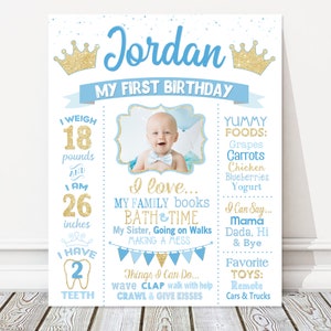 Prince 1st Birthday Board, Picture Milestone Birthday White Chalkboard Sign, Boy Blue + Gold Photo Party Poster, DIGITAL FILE