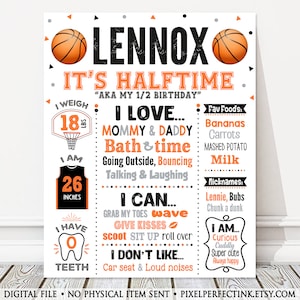 It&#39;s Halftime Basketball Half Birthday Milestone Sign, Halfway to One, Boy Orange Black + Grey Party Poster, 6 Months Old, DIGITAL FILE