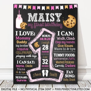 Cookies and Milk 1st Birthday Board, Girl Milestone Birthday Chalkboard Sign, Pink Big Number One, Cookie Party Poster, DIGITAL FILE