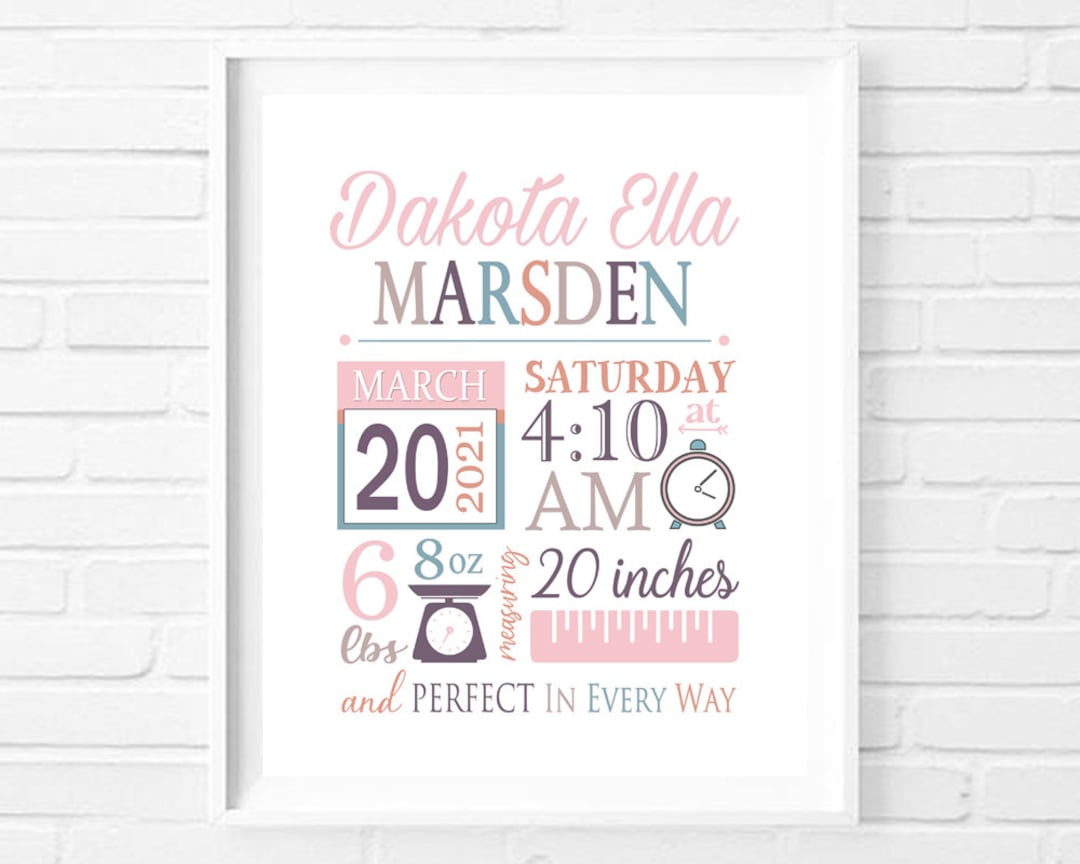 Printable Baby Girl Birth Stats Wall Art, Personalized Nursery Decor ...