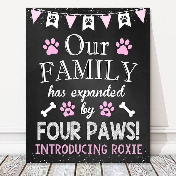 Printable New Puppy Dog Announcement Chalkboard Sign, Our Family Has Expanded By Four Paws, Feet, Reveal Photo Prop, DIGITAL FILE