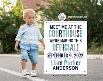 Adoption Personalized Announcement Sign, Meet Me At the Courthouse, Adopted Navy Blue Teal Grey Photo Prop, DIGITAL FILE