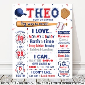 Halfway to First Baseball 1/2 Birthday Sign, Boy Milestone Birthday Board, Red + Blue Party Poster, 6 Months Old, DIGITAL FILE