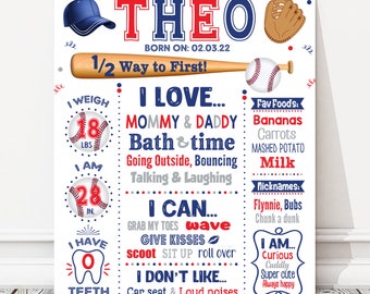 Halfway to First Baseball 1/2 Birthday Sign, Boy Milestone Birthday Board, Red + Blue Party Poster, 6 Months Old, DIGITAL FILE