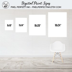 May include: Four white frames with black text showing different sizes of digital prints: 8x10 inches, 11x14 inches, 16x20 inches, and 18x24 inches. The frames are hanging on a white tiled wall. A white chair is in the foreground.