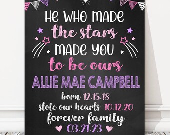 Adoption Personalized Announcement Chalkboard Sign, He Who Made The Stars, Photo Prop, Pink + Purple Girl Adoption Day, DIGITAL FILE