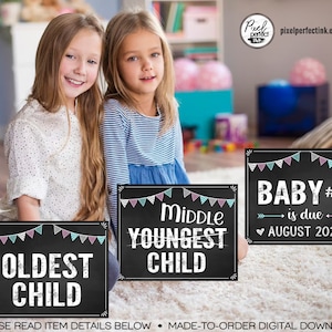 3rd Pregnancy Announcement Chalkboard Sign, Set of 3, Oldest Middle Youngest, Baby Number 3 Reveal Photo Prop, DIGITAL FILE