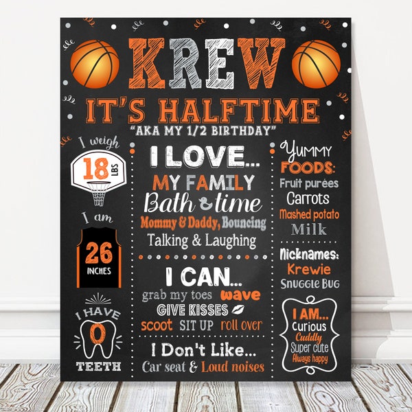 It's Halftime Basketball Half Birthday Milestone Chalkboard Sign, Halfway to One, Boy Orange + Grey Party Poster, 6 Months Old, DIGITAL FILE