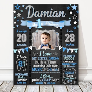 Twinkle Little Star 1st 2nd Birthday Board, Silver Glitter + Photo, Picture Milestone Chalkboard Sign, Boy Party Poster, DIGITAL FILE