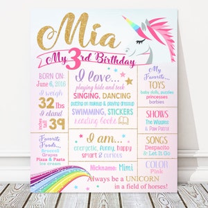 Tablero de tercer cumpleaños de unicornio imprimible, signo de pizarra de cumpleaños de hito de unicornio, cartel de fiesta arco iris, cualquier edad, ARCHIVO DIGITAL