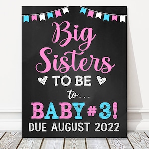 Letrero de pizarra con anuncio del tercer embarazo de futuras hermanas mayores, tercer bebé número 3, revelación del bebé, ARCHIVO DIGITAL