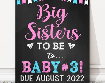 Big Sisters To Be 3rd Pregnancy Announcement Chalkboard Sign, Sibling Third Baby Number 3, Baby Reveal, DIGITAL FILE