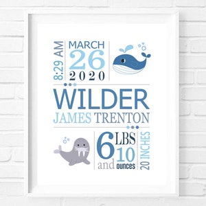 Printable Under the Sea Nursery, Baby Boy Birth Stats Wall Art, Birth Announcement, Personalized Room Decor, Whale, Walrus, DIGITAL FILE