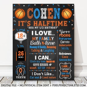 It&#39;s Halftime Basketball Half Birthday Milestone Chalkboard Sign, Halfway to One, Boy Orange + Blue Party Poster, 6 Months Old, DIGITAL FILE