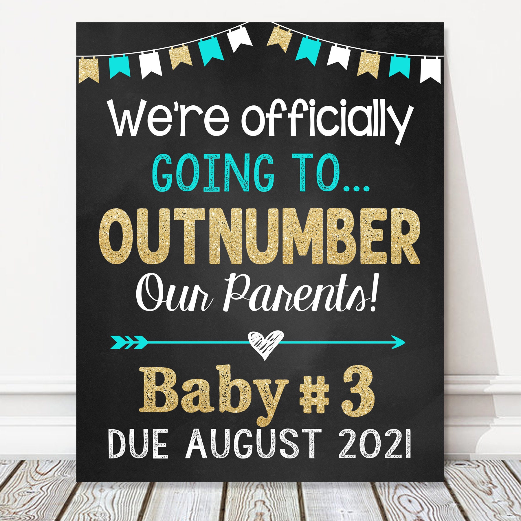 PRINTABLE Personalized Tie Breaker Baby #3 Chalkboard Pregnancy Baby  Announcement / Baby Number Three / Pink Teal / Sign / Photo Prop JPEG