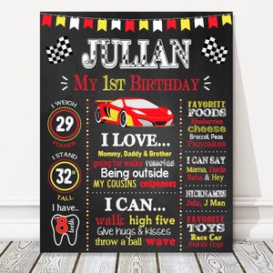 Race Car 1st 2nd Birthday Board, signo de pizarra de cumpleaños de hito de niño, tema de autos rojos + amarillos, cartel de fiesta, ARCHIVO DIGITAL