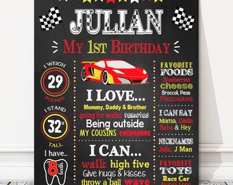 May include: A black chalkboard with a red and yellow racing theme for a boy's 1st birthday. The chalkboard includes the name Julian, his age, weight, height, favorite foods, things he can say, and favorite toys. The chalkboard is decorated with a red race car.