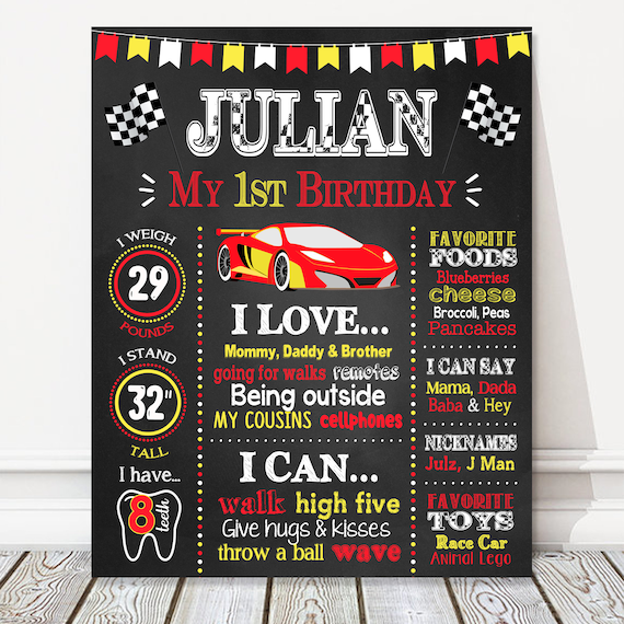 Race Car 1st 2nd Birthday Board, Boy Milestone Birthday Chalkboard Sign, Red  Yellow Cars Theme, Party Poster, DIGITAL FILE 