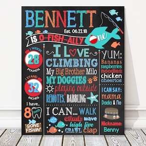 Printable Fishing 1st Birthday Board, Fish Milestone Birthday Chalkboard Sign, O-Fish-Ally Big One Fishing Theme, Party Poster, DIGITAL FILE